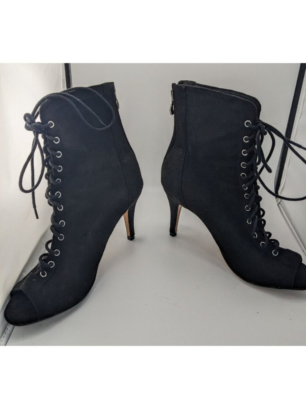 Burju Gothic Black Lace-Up Peep Toe Heeled Booties Size 9 Suede Rear Zipper Clos